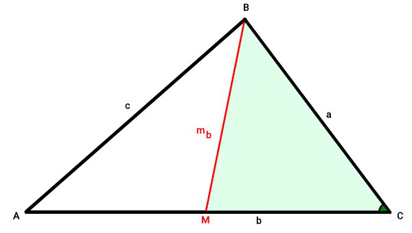 قانون کسینوس ها با توجه به مثلث کوچک حاصل از رسم میانه مثلث